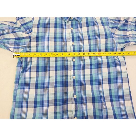Uniqlo Size Medium Mens Blue White Check Short Sleeve Linen Cotton Blend Shirt - Picture 3 of 9